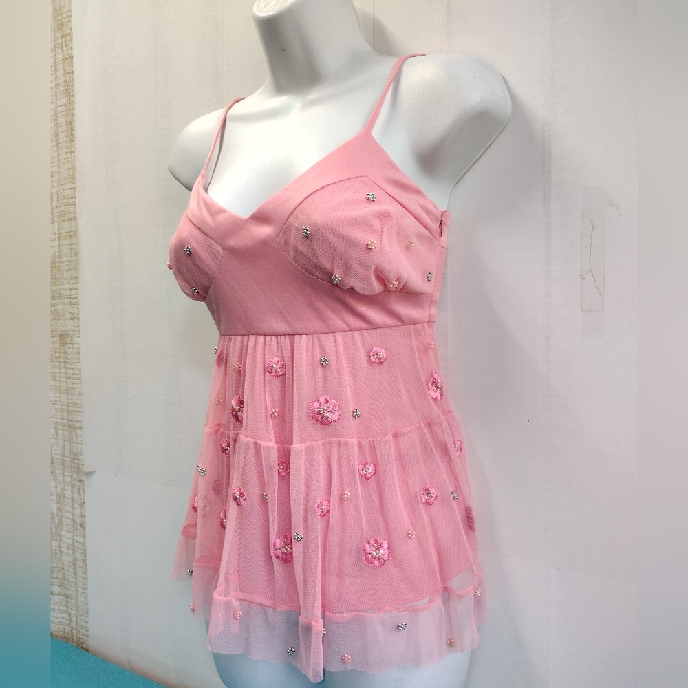 D & T Women's Fairy Floral Beaded Cami Tank Lined Pink Size S